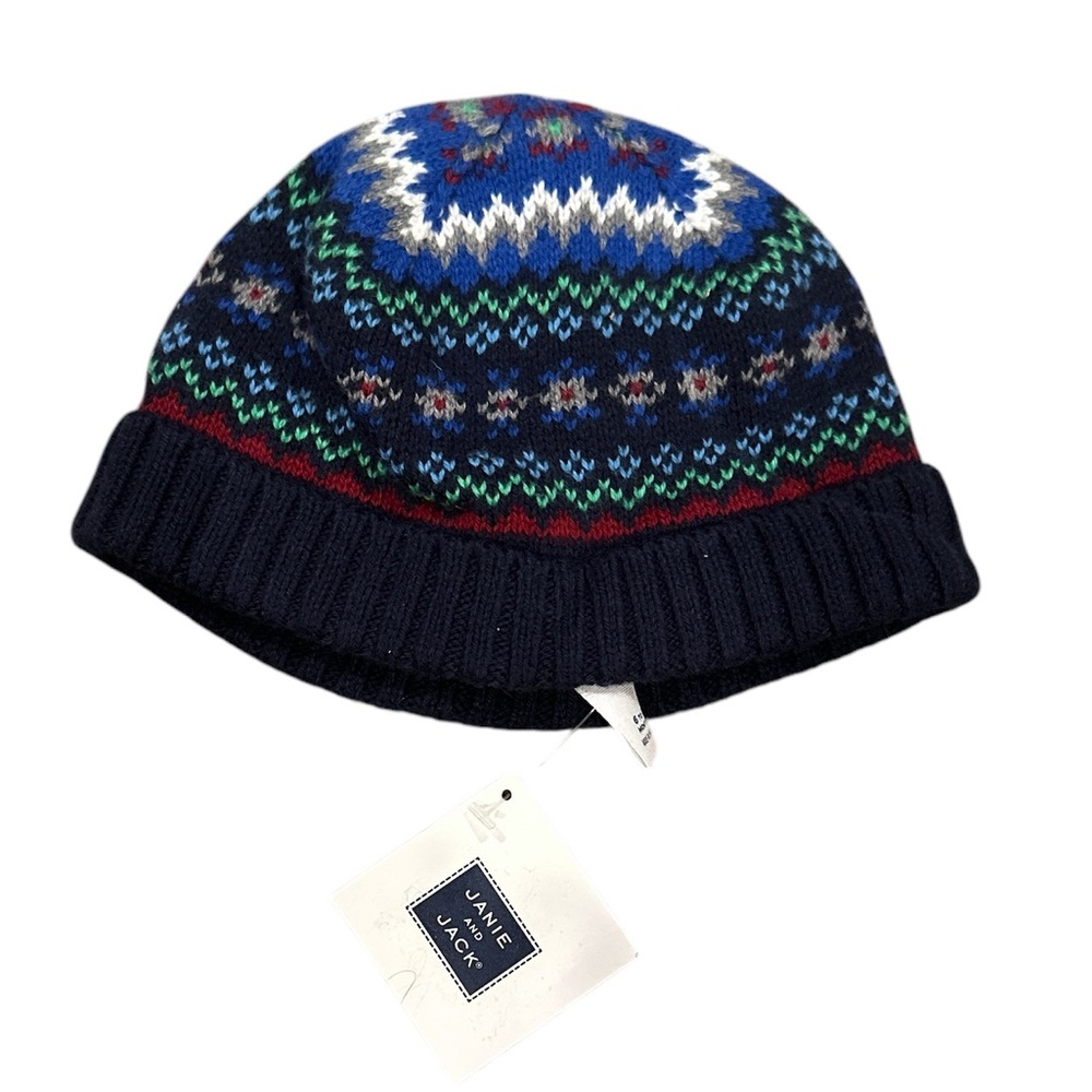 Janie and Jack Fair Isle Baby Blue white red grey hat 6-12 mos